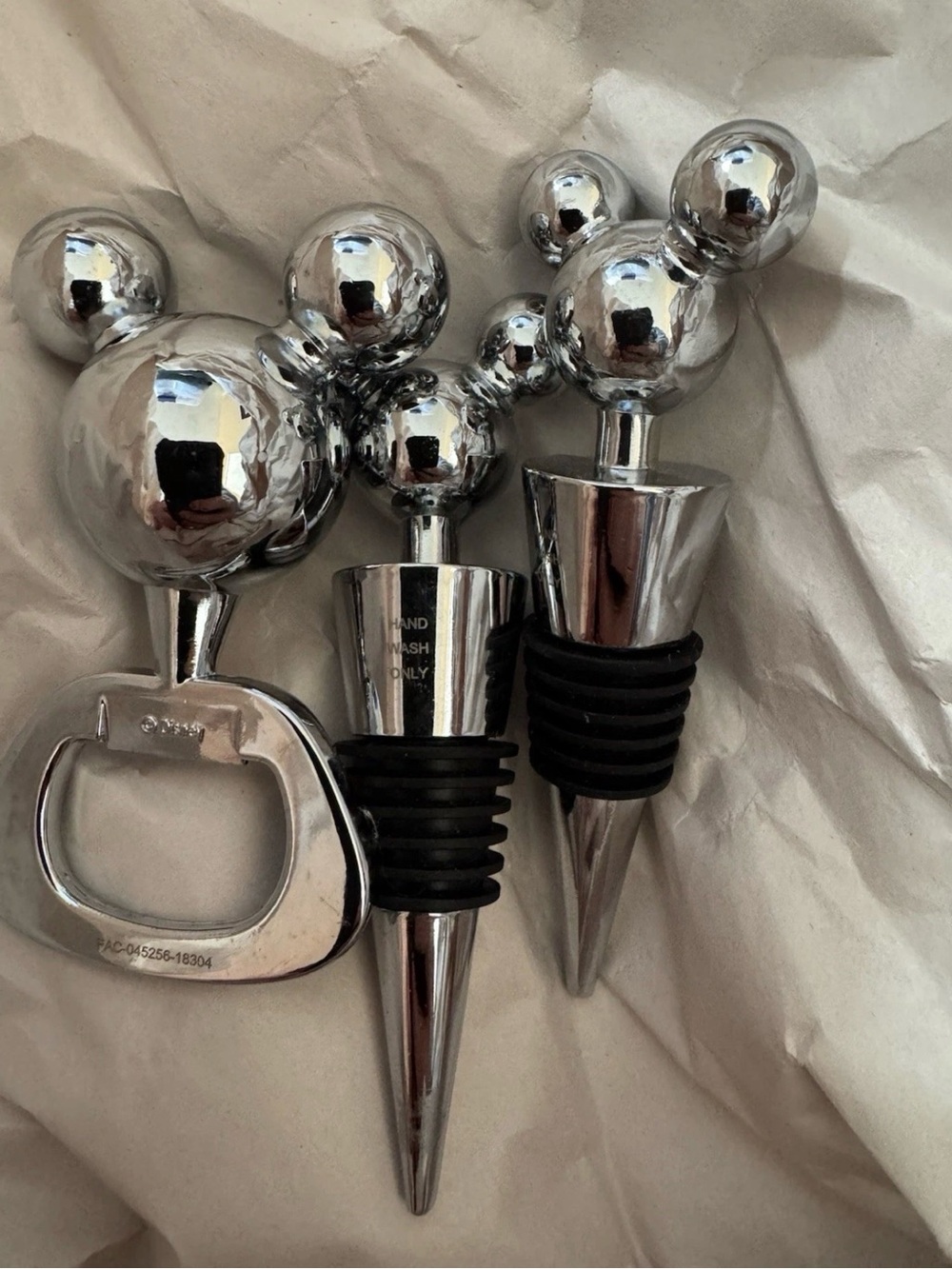 Silver Mickey-Style Wine Stopper and Bottle Opener Set - Unbranded